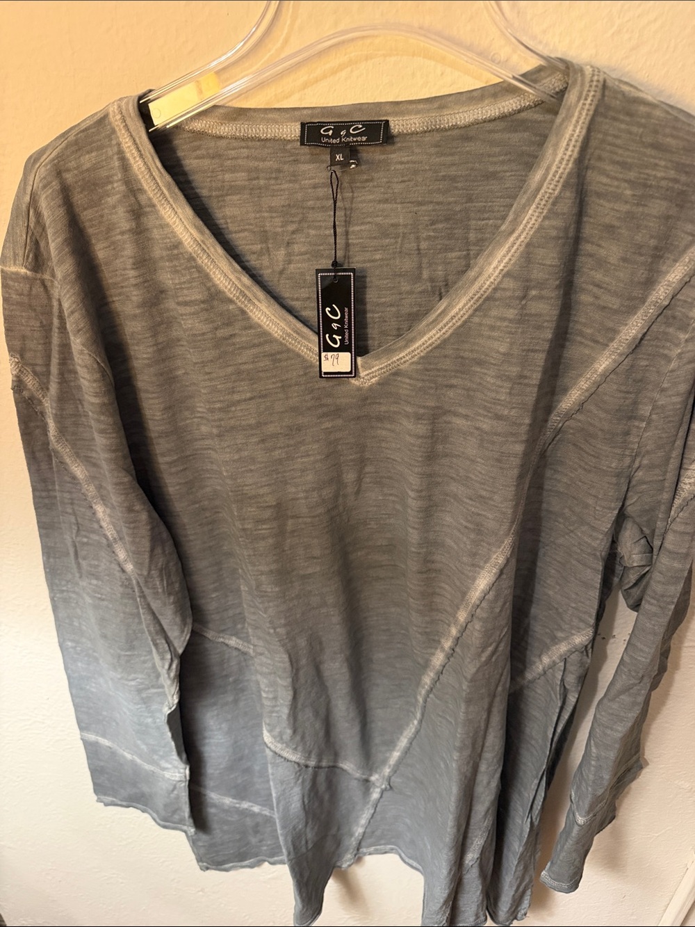 Washed Gray V-Neck Long Sleeve Tee - Relaxed Lightweight Fit